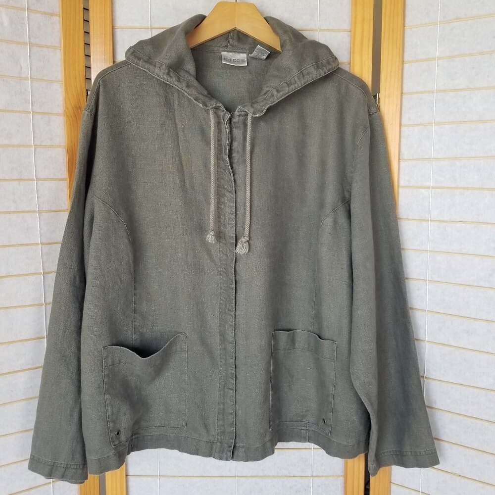 Chico's Jacket Army Green Zip Up 100% Linen Hooded Relaxed Fit Size 3/XL